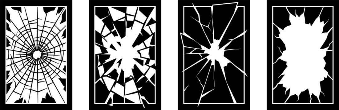 Four broken glass window frames with cracks and shards