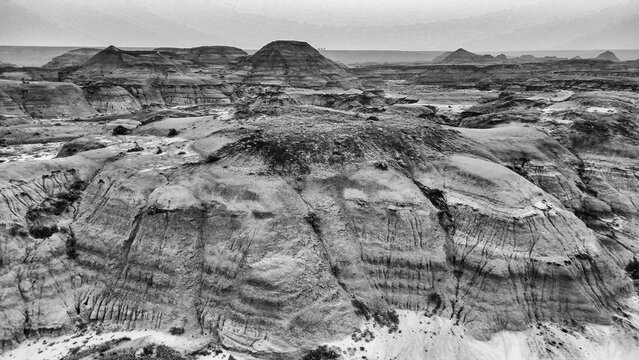 Spectacular aerial panorama of Dinosaur Provincial Park wilderness landscape in summer