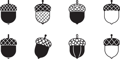 Black and white acorn and oak nut icons set modern design elements vector background pattern forest symbols © rofikgraph24