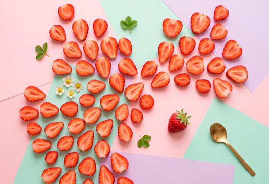 sliced  strawberry on pastel background. flat lay