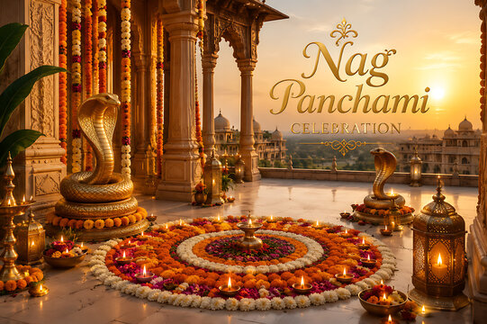 Nag Panchami Festival Decoration with Marigold Flowers, Brass Diya, and Shravan Festival Elements