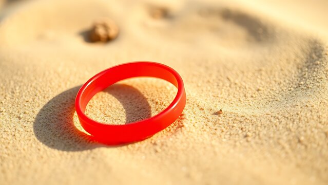 Red plastic bracelet shaped like a broken ring on beige sand.