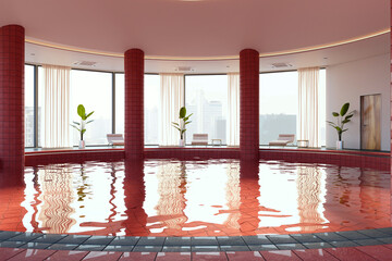Fototapeta premium Modern indoor swimming pool interior with reflective water, red tiled columns, panoramic windows, plants, and contemporary lounge design. 3D Rendering