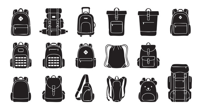 backpacks black vector icons set with various styles and designs black vector icon