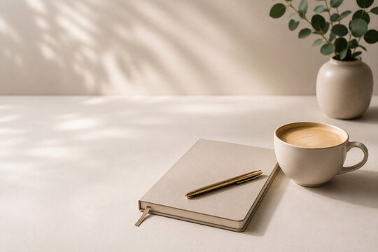 Minimalistischer Arbeitsplatz mit Notizbuch, Kaffeetasse und Zimmerpflanze im Stillleben