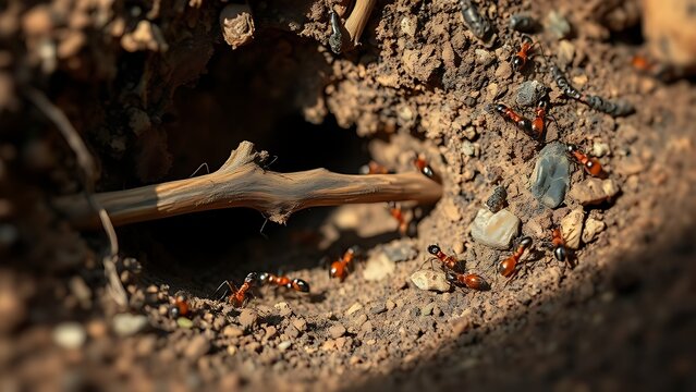 Ants navigating around a twig blocking their anthill entrance.