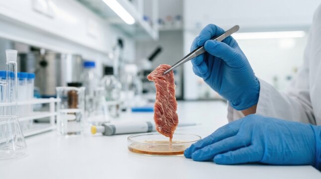 Scientist wearing blue gloves holding cultured meat sample tweezers glass petri dish lab