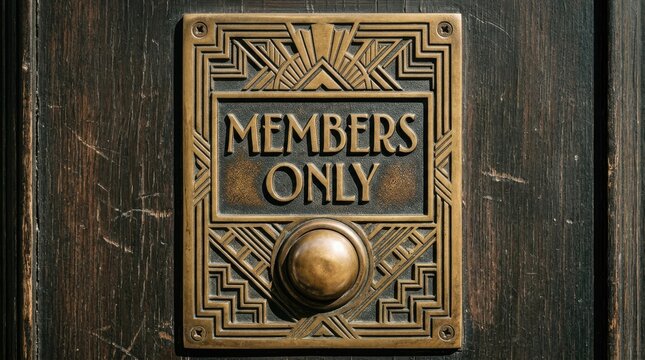 Vintage Art Deco Members Only brass sign, antique bronze door plaque with geometric patterns, elegant private club entrance signage on dark wood