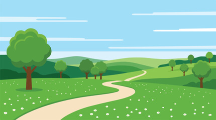 Obraz premium Peaceful rural landscape illustration with path, trees, and rolling hills