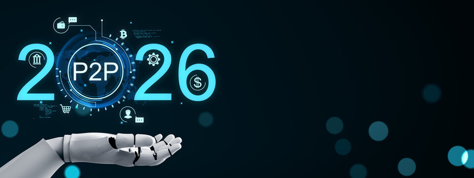 P2P peer to peer fintech lending network with robotic hand, blockchain transaction interface, financial technology banner with copy space. 3D Rendering