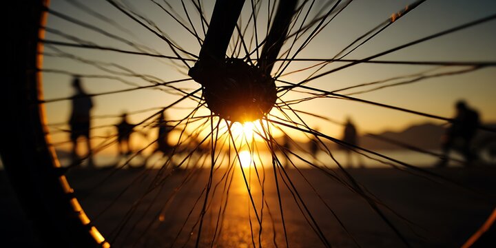 Close-up of a bicycle wheel with a sunset and silhouetted people in the background.