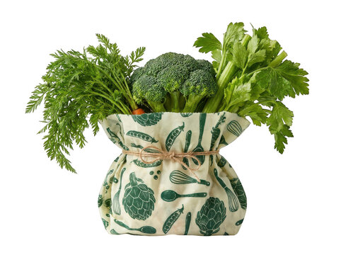 Fresh vegetables in a reusable fabric bag isolated on transparent background