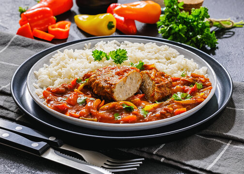 Savory Balkan Cufta Patty In Stewed Pepper Sauce