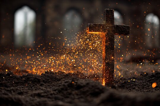 A Fiery Cross in a Dark, Mystical Setting.