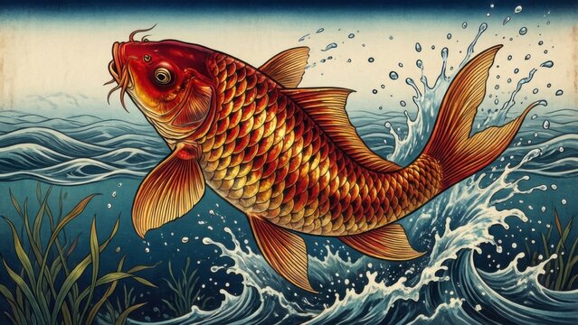 Large carp fish jumping out of the water with splashes illustration 
