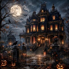 Fototapeta premium Haunted Victorian Mansion Under Full Moon with Halloween Pumpkins, Gothic Horror Night Scene