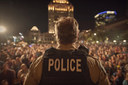 Police Officer Facing Crowd at Night with Cityscape Background.