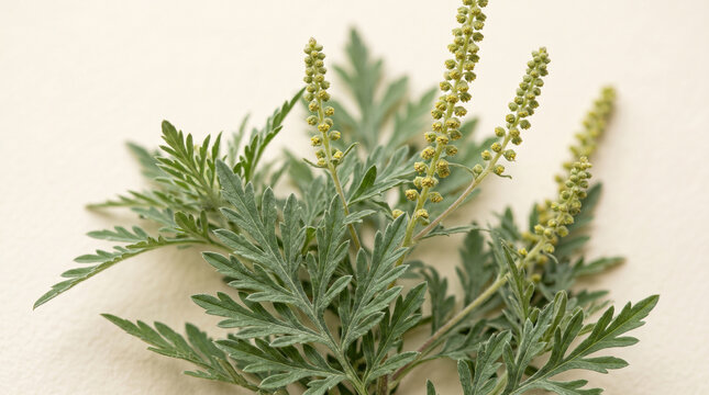 Ambrosia artemisiifolia ragweed plant featuring green serrated leaves and small yellow pollen spikes on white background