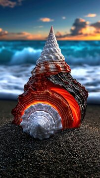 Large textured conch seashell with warm glowing inner cavity resting on black sand beach against wavy ocean at golden sunset shows beautiful coastal nature and marine landscape concepts