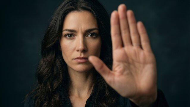 Woman showing no gesture with hand stop violence concept  
