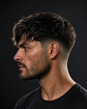 Modern drop fade haircut for men with a smooth fade curving behind the ear toward the neckline. Stylish barber hairstyle for grooming, fashion, salon, and barbershop concepts.