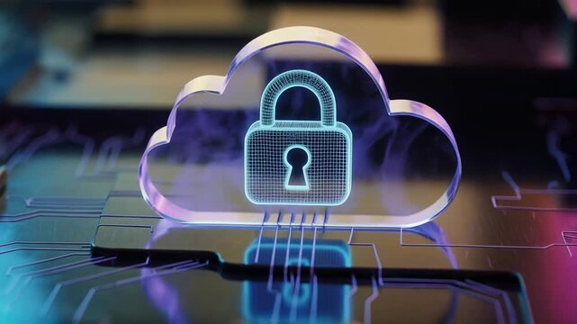 Secure cloud computing with padlock representing cybersecurity and data protection 
