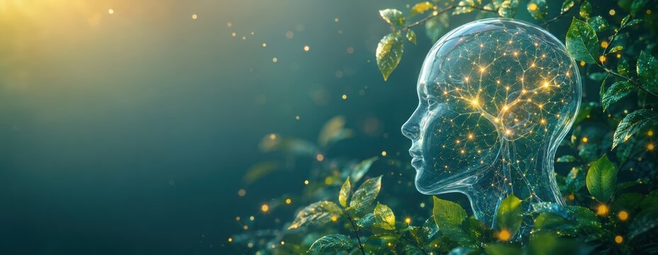 Futuristic eco mind with glowing neural network and green botanical elements