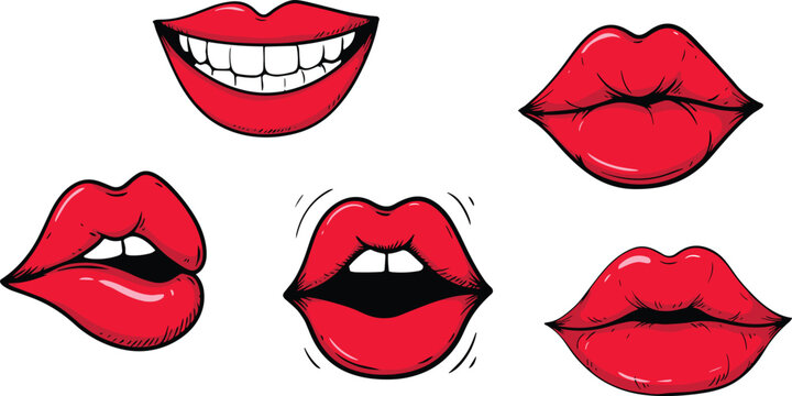 Red lips illustration set showing diverse sexy pop art expressions.