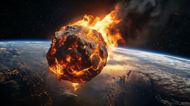 Burning asteroid approaching earth in space representing global disaster concept 
