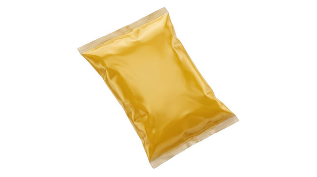 Blank yellow snack food packaging pouch isolated on transparent background
