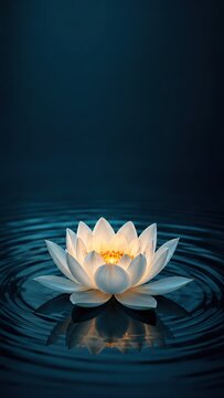 Glowing white lotus on calm water representing mindfulness and inner clarity