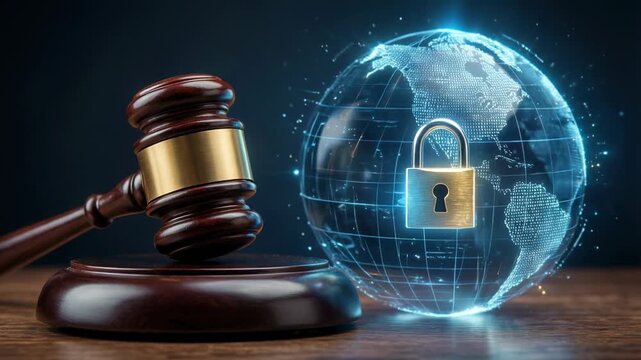 A wooden gavel beside a glowing digital globe with a padlock. Concept of global cybersecurity laws and digital privacy. 