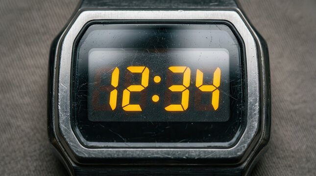 Close-up of a retro digital wristwatch featuring an amber LCD display showing 12:34 set within a brushed metal case