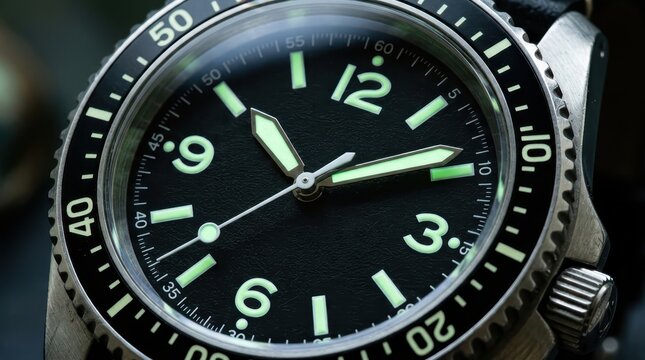 Close-up of a stainless steel diver's watch featuring a matte black dial with luminous Arabic numerals, luminous hands, and a black rotating bezel