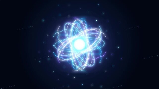 Abstract Atomic Structure Representation With Glowing Neon Particle Orbits Featuring Science Concept Visuals