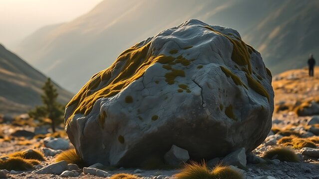 A massive glacial boulder covered in moss, isolated in a mountain valley.