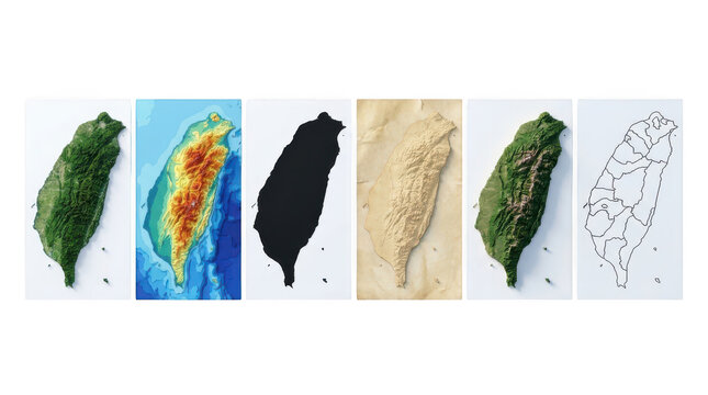 Set of six different artistic representations of taiwan island map isolated on transparent background