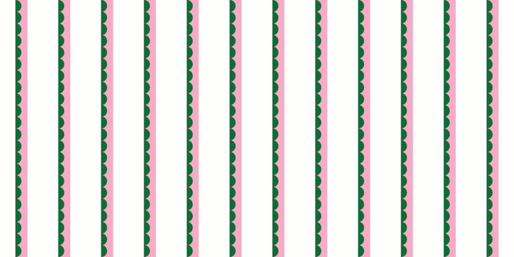 Playful Scallop Stripe Seamless Vector Pattern in Emerald Green and Soft Pink Crisp White Background for Nursery Decor