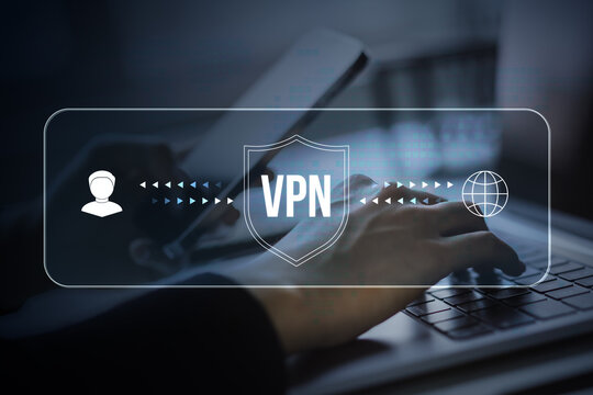 VPN shield protecting private network data and online security on a laptop, with encrypted cyber connection, digital privacy concept background.