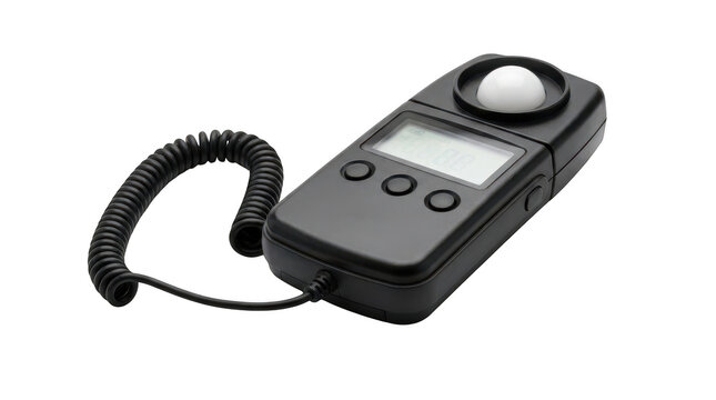 Digital light meter with coiled cable isolated on transparent background