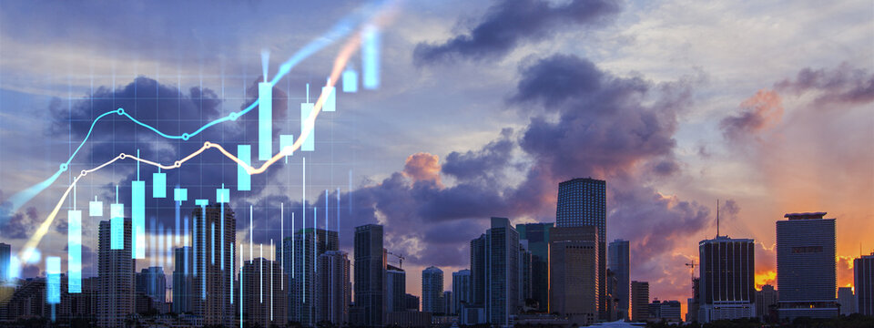 Real estate city skyline with rising market charts at sunset, showcasing property investment growth, commercial buildings, and urban development concept.