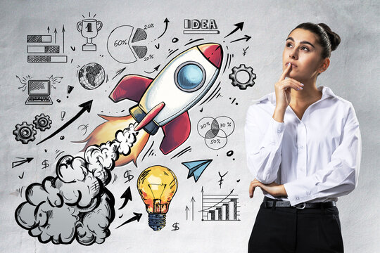 Rocket launch startup growth concept with thoughtful businesswoman, hand drawn doodles, charts, light bulb and success symbols on textured background.
