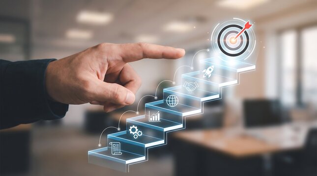 Businessman Hand Reaching Digital Stairway to Success Target for Marketing Strategy Banner and Corporate Presentation