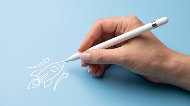 Hand drawing rocket with digital stylus pen for business startup growth concept on blue background for website banners.