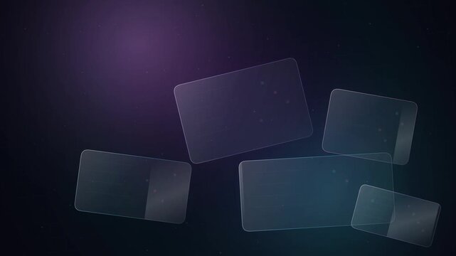Abstract frosted glass cards floating on dark purple background modern glassmorphism tech concept illustration
