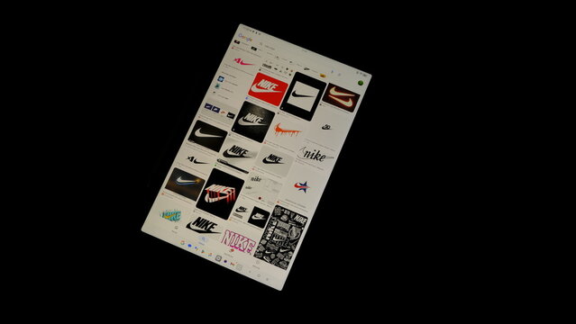 Tablet screen view with various sized Nike logos, on a black background, August 1, 2026