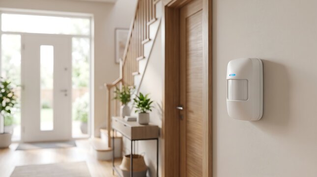 Modern smart home motion sensor security system mounted on hallway wall for automated residential safety and alerts.