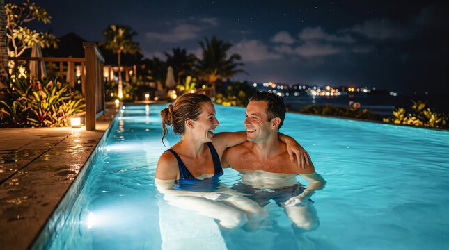Romantic couple smiling and relaxing in a luxury resort swimming pool at night.