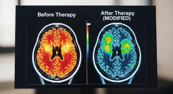 Neuroscience Research Ethics concepts. Comparison of brain scan images before and after medical therapy showing changes in brain activity with heat map color coding in diagnostic imaging