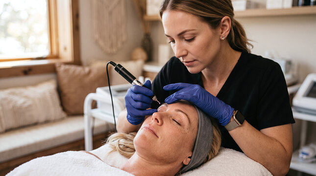 Aesthetician performing plasma pen fibroblast skin tightening on female client.